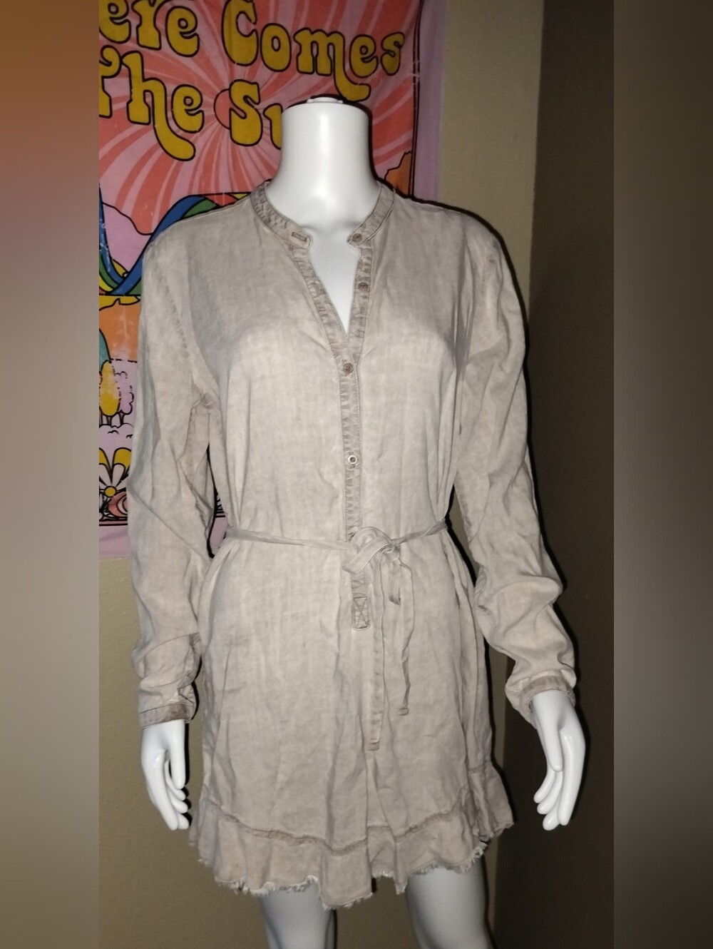 Bella Dahl Beige Tie-Waist Shirt Dress Sz M
